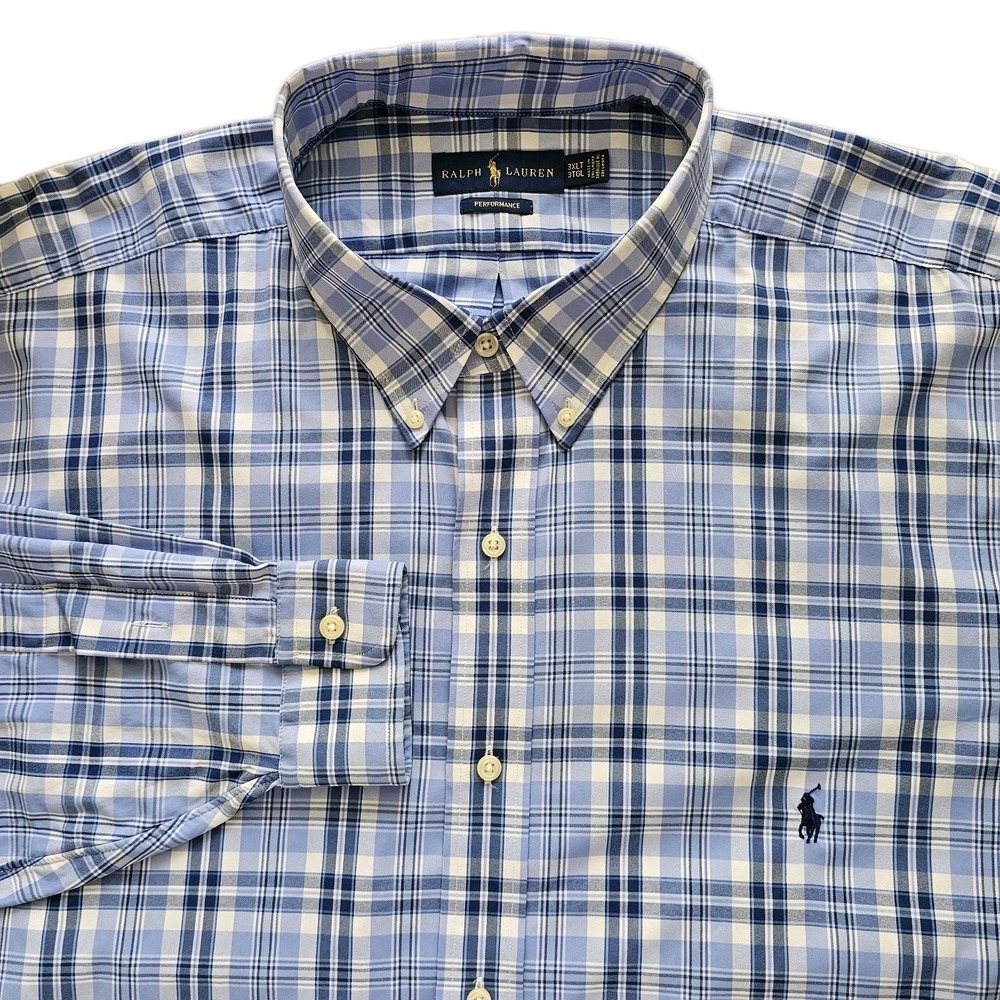 Ralph Lauren 3XLT Blue Long Sleeve Plaid‎ Performance Button Up Shirt Classic
